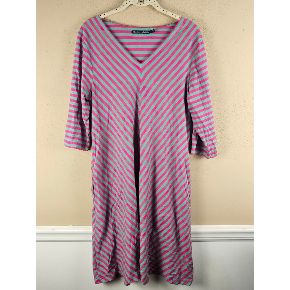 Gundrun Sjoden Womens Pink Green  Neck Striped 3/4 Sleeve Dress Medium
